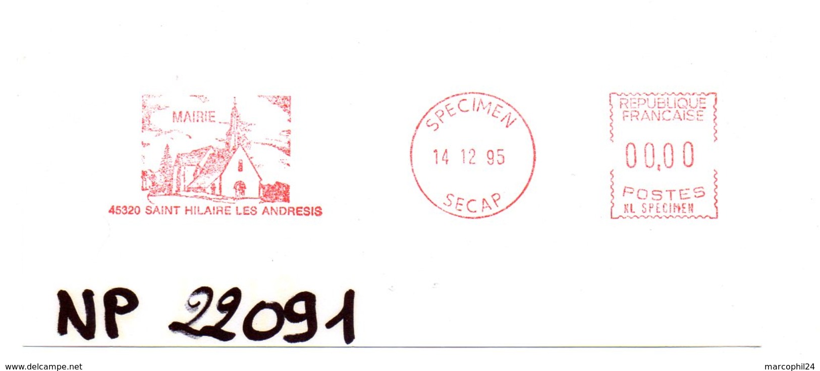 LOIRET - Dépt N° 45 = SAINT  HILAIRE Les ANDRESIS 1995 = EMA  Illustrée D'une EGLISE =  SPECIMEN SECAP = MAIRIE - EMA (Printer Machine)