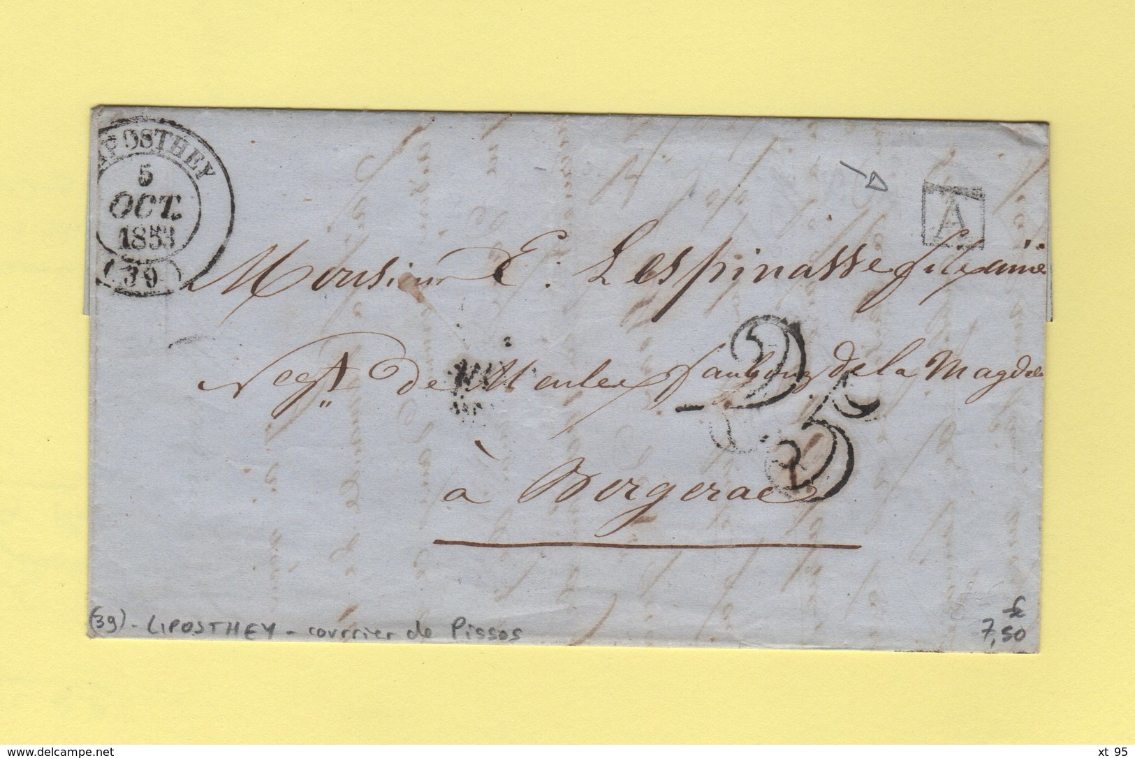 Liposthey - 39 - Landes - 5 Octobre 1853 - Boite Urbaine A - Courrier De Pissos - Taxe 25 Double Trait - 1801-1848: Vorläufer XIX