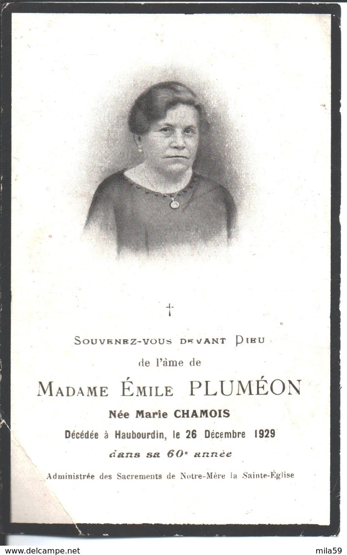 Souvenir Marie Chamois épouse De Emile Pluméon. Décédée à Haubourdin Le 26 Décembre 1929. - Religion & Esotericism