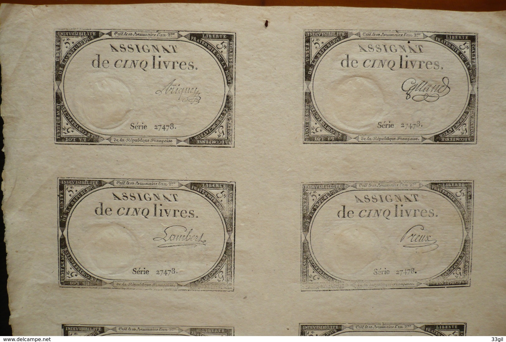 Planche De 10 Assignats Différents De 5 Livres  Série 27478 Du 10 Brumaire An 2 - Assignats & Mandats Territoriaux