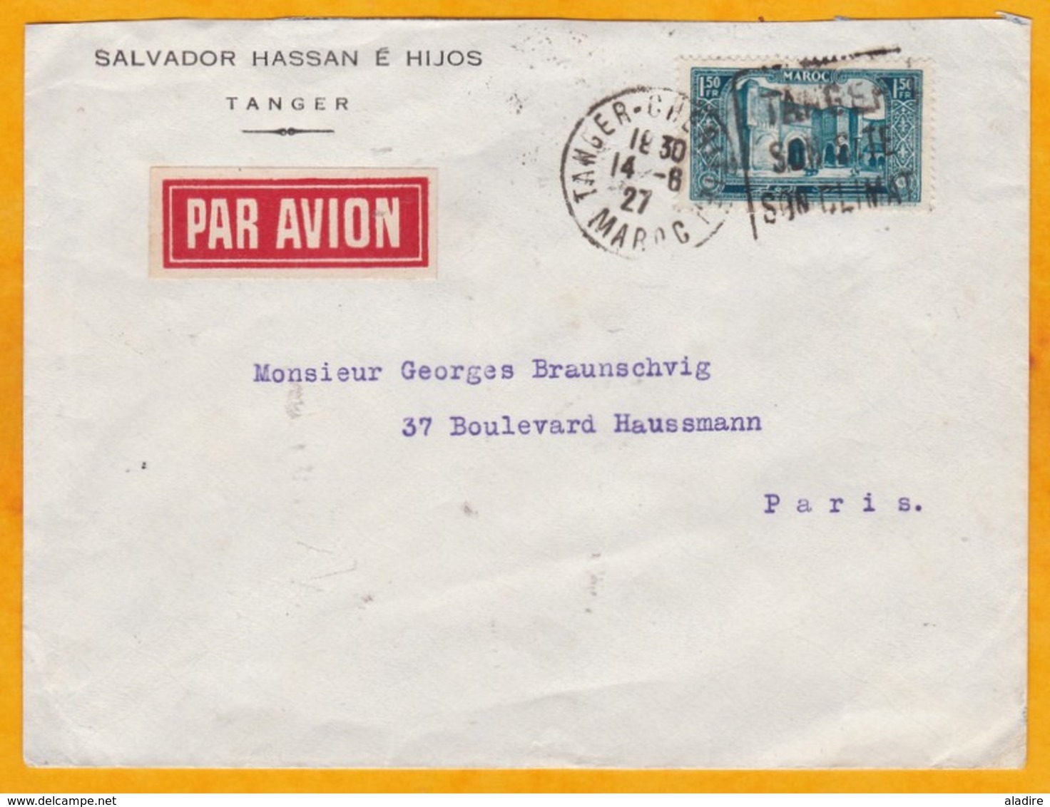 1927 - Lettre Par Avion De Tanger Chérifien Vers Paris, France En 2 Jours - Flamme Daguin Illustrée - Ligne Mermoz - Covers & Documents