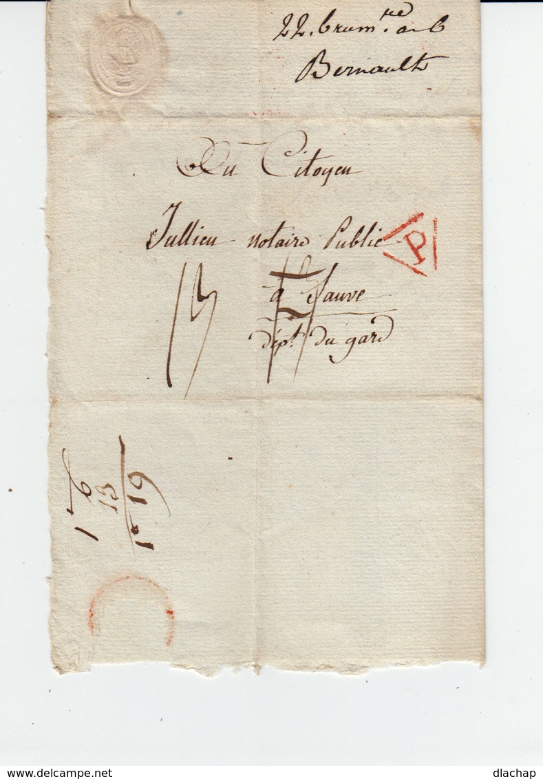 Sur Pli AC Du 22 Brumaire An 6, Soit 1797 Pour Sauve Gard, Taxe Manuscrite Et Cachet Rouge P Dans Triangle. (1050x) - 1701-1800: Précurseurs XVIII