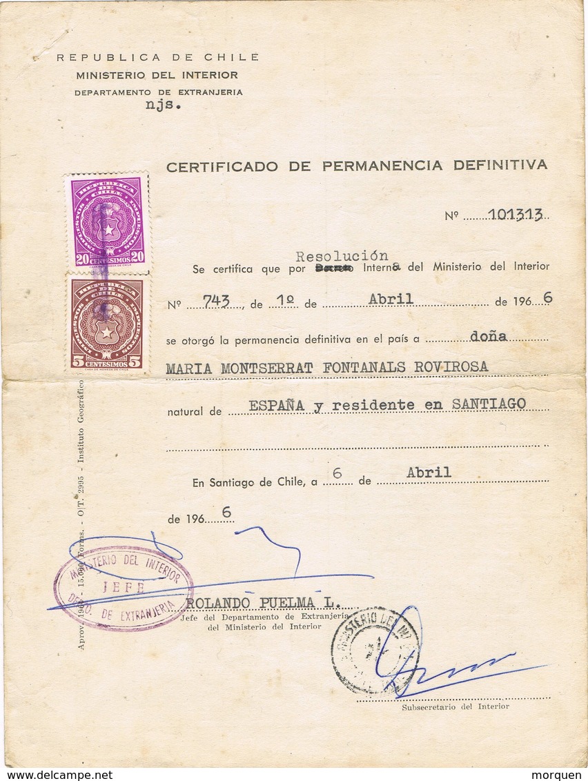 31239. Certificado Permanencia Extranjeria SANTIAGO (Chile) 1966. Fiscal Viñetas Impuestos - Chile