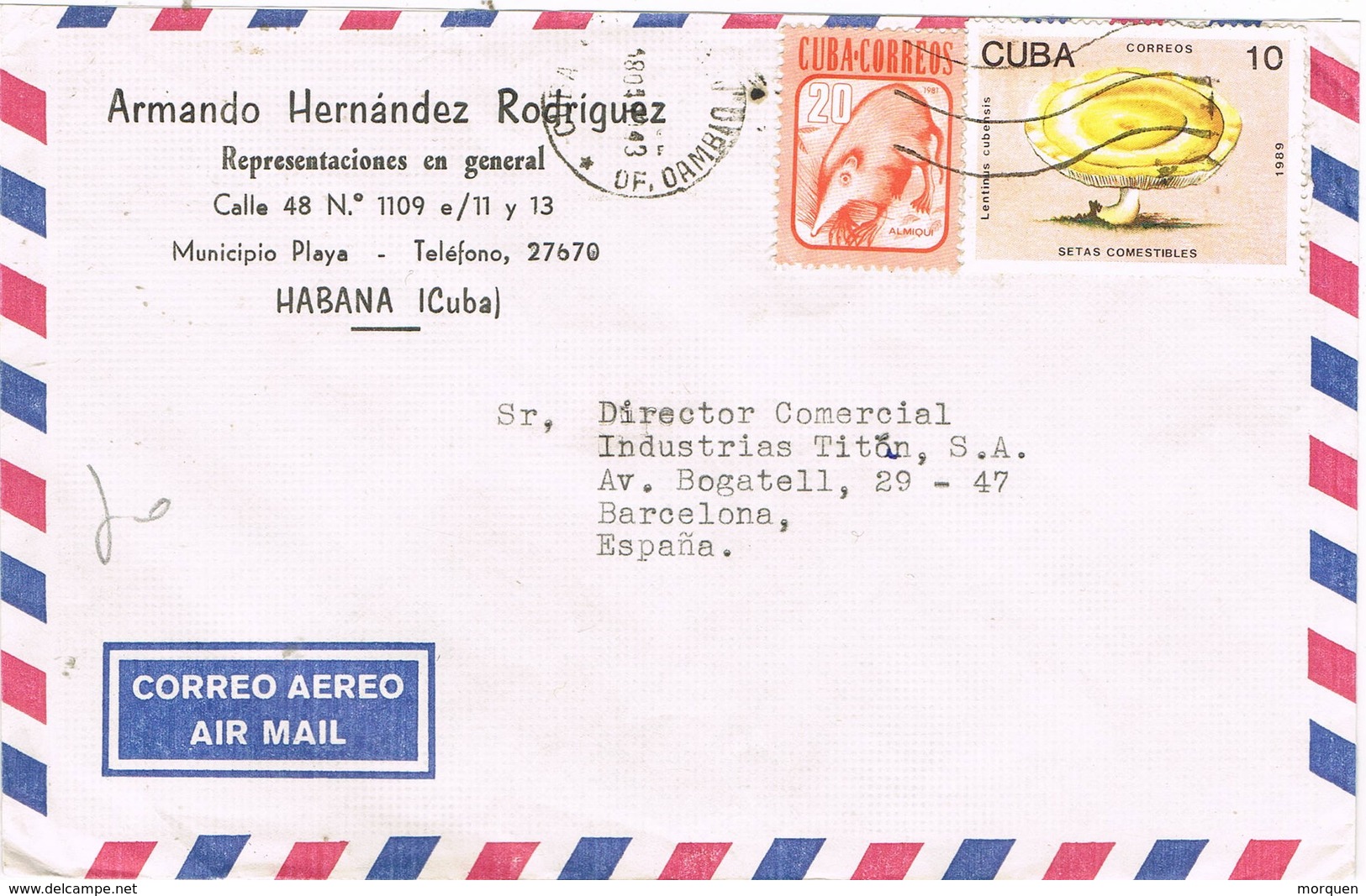 31241. Carta Aerea HABANA (Cuba) 1990. Oficina Cambio. Stamp Setas, Champignon - Lettres & Documents