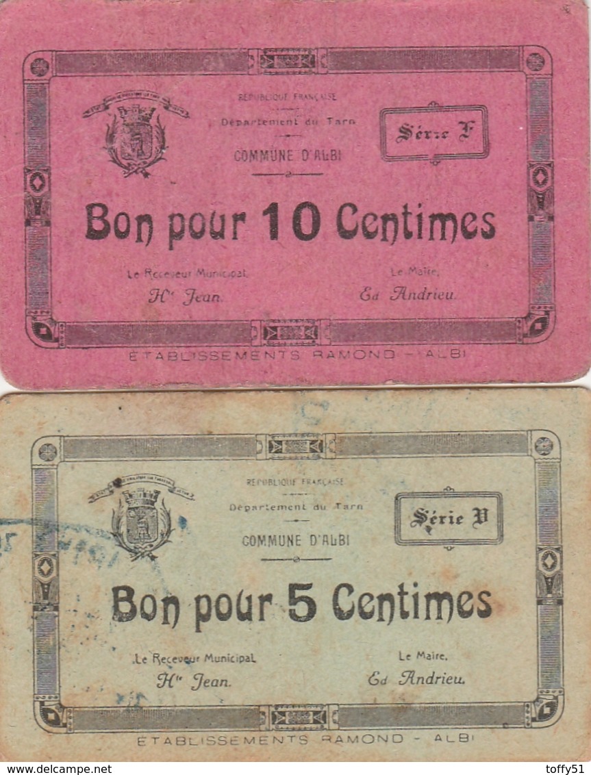 2 BONS TICKETS POUR 10 CENTIMES ET 5 CENTIMES COMMUNE D'ALBI ANNÉE 1916 - Bons & Nécessité