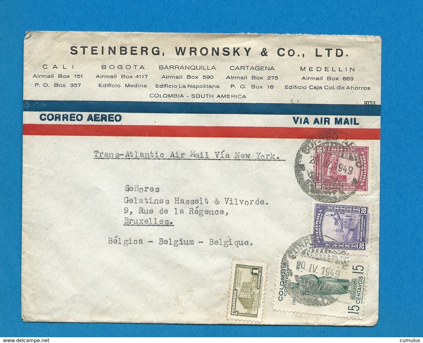 Lettre COLOMBIE  - Bruxelles 20/04/1949 STEINBERG WRONSKY & CO .LTD - Colombie