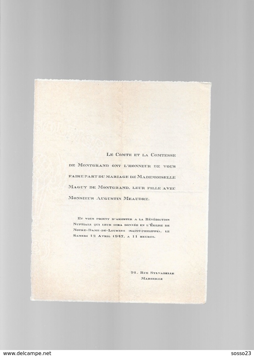 FAIRE PART DE MARIAGE / COMTE ET COMTESSE DE MONTGRAND/ 1947 MARSEILLE - Mariage