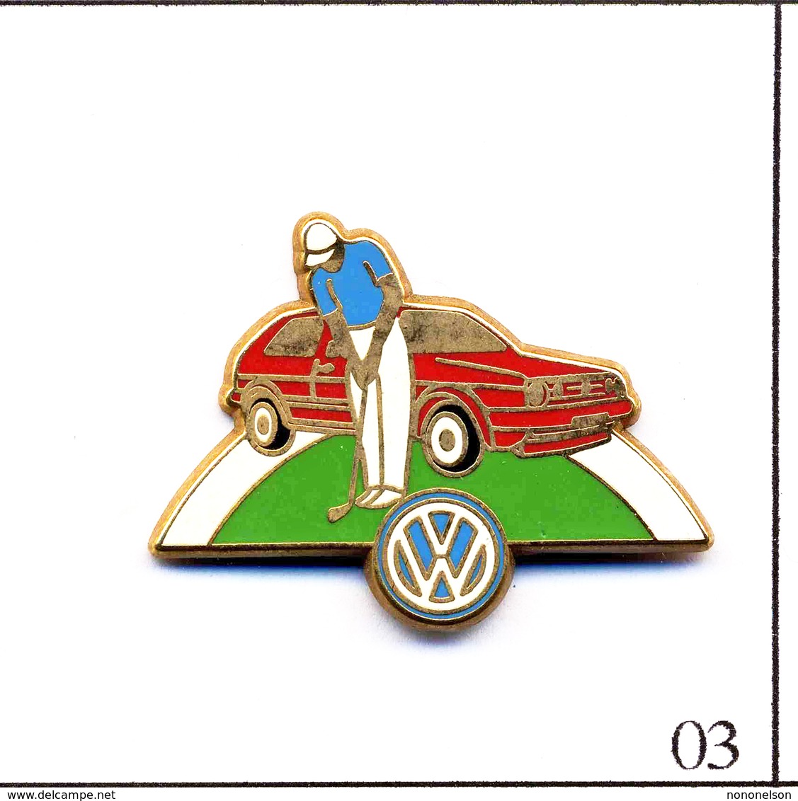 Pin's - Sport - Golf / Sponsor Volkswagen Golf - Polo Bleu/Voiture Rouge. Est. Arthus Bertrand Paris. Zamac. T379-03 - Golf