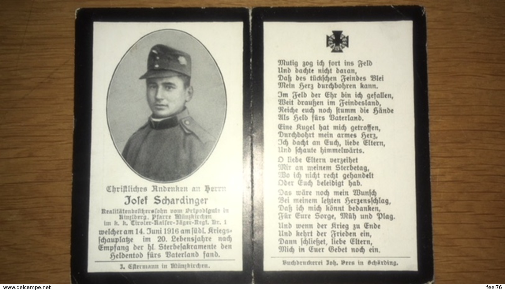Sterbebild Wk1 Ww1 Bidprentje Avis Décès Deathcard KUK Tiroler Kaiserjäger Regt. 1 14. Juni 1916  Kinzlberg Münzkirchen - 1914-18