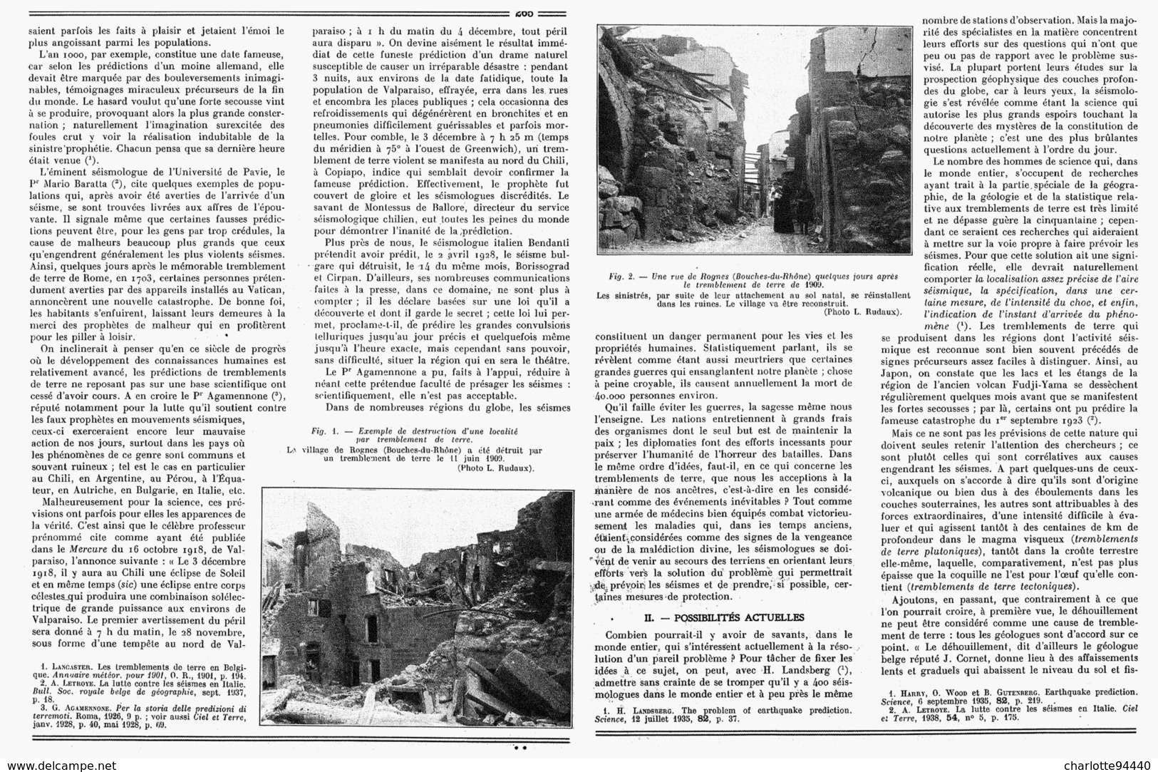 PEUT-ON PREVOIR Les TREMBLEMENTS De TERRE  Le VILLAGE De " ROGNES (Bouches-du-Rhône)"  Detruit Le  11 JUIN 1909 "  1939 - Côte D'Azur