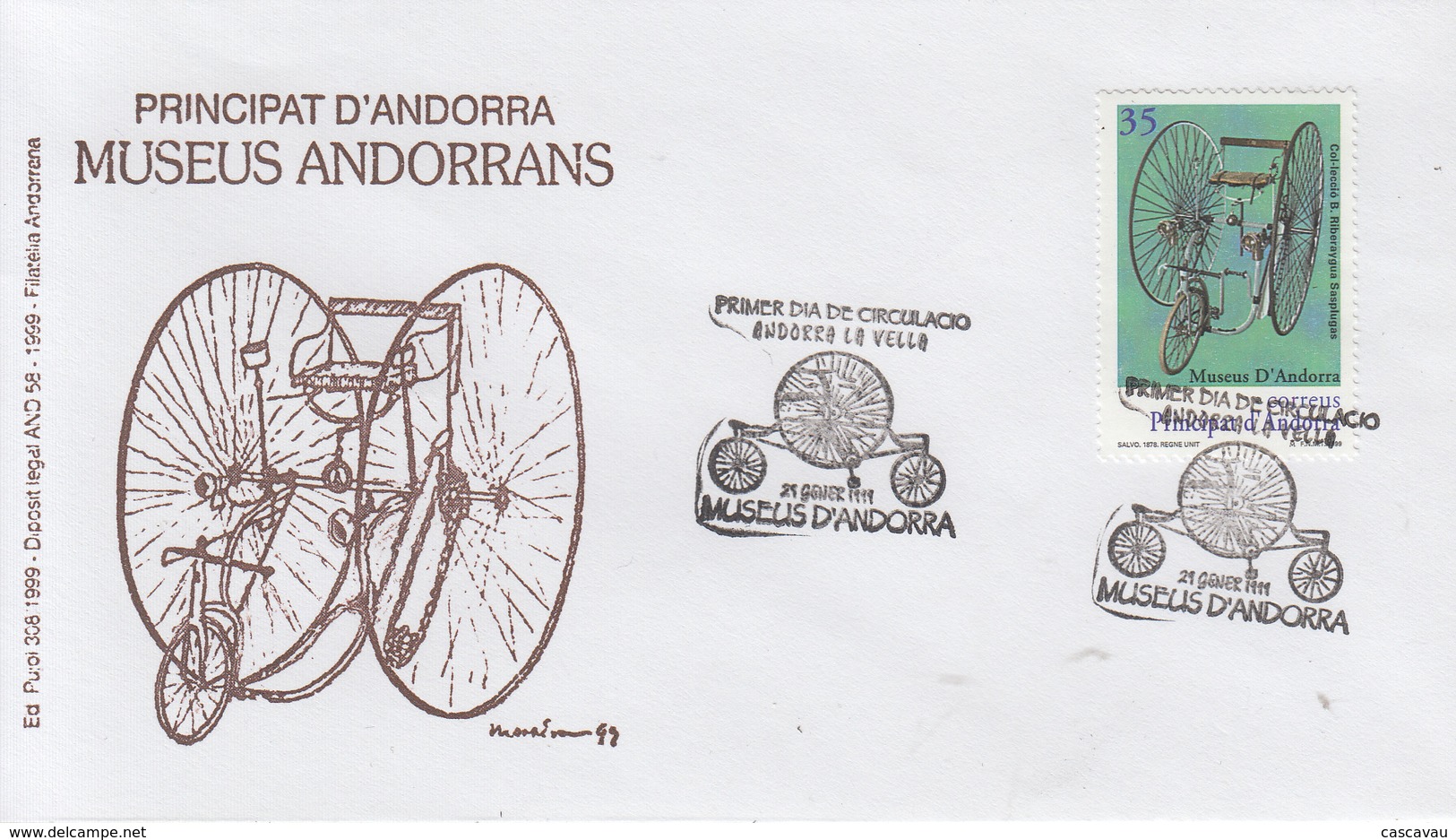 Enveloppe  FDC   1er   Jour   ANDORRE   Musée  D' ANDORRE  :  Tricycles   1999 - Wielrennen