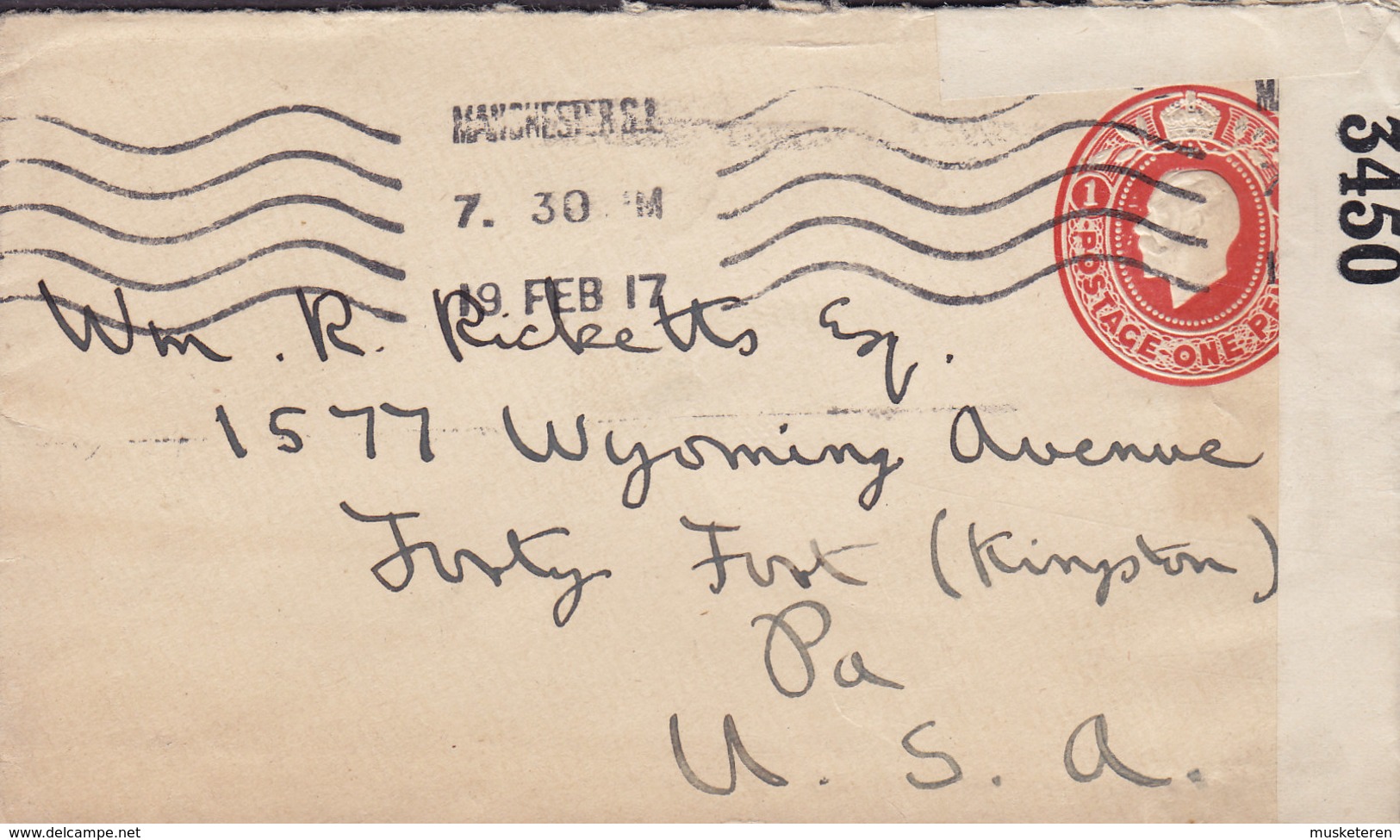 Great Britain Postal Stationery Ganzsache Entier GV. MANCHESTER 1917 Cover To USA OPENED BY CENSOR '3450' Label - Luftpost & Aerogramme