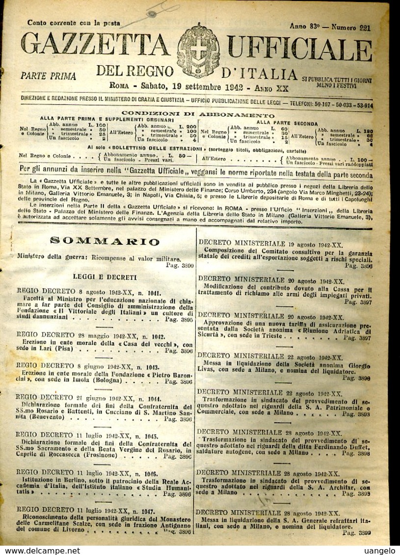 230  MOTIVAZIONI DI MEDAGLIA SU G.U.1942 LAVELLO FAENZA NOVOLI GALDO GUARDAVALLE DECIMA NOVELLARA LINZANICO - Documents Historiques