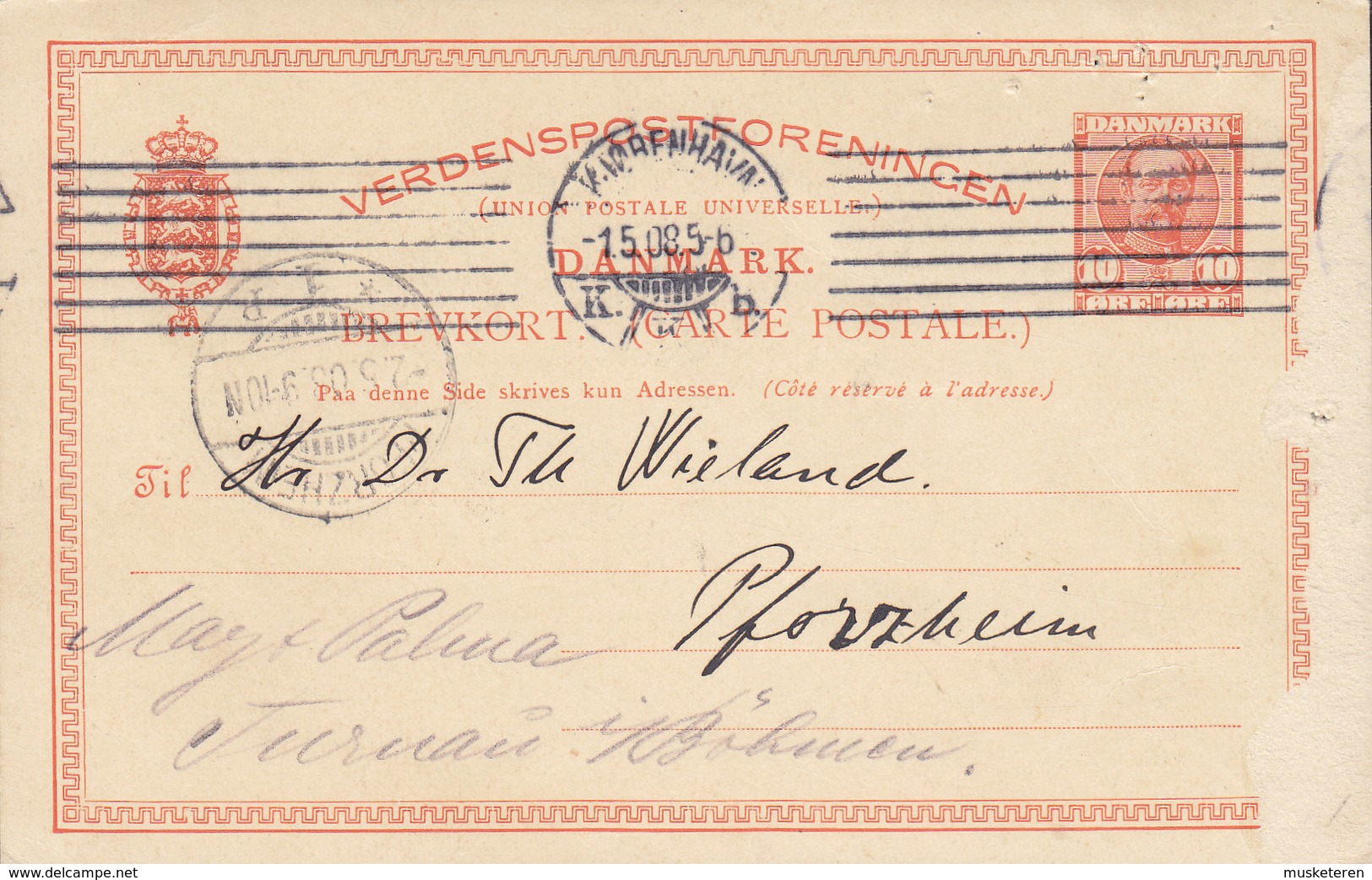 Denmark UPU Postal Stationery Ganzsache Fr. VIII. TMS Cds. KJØBENHAVN K.K.B. 1908 PFORZHEIM REadressed TURNAI In Böhmen - Entiers Postaux