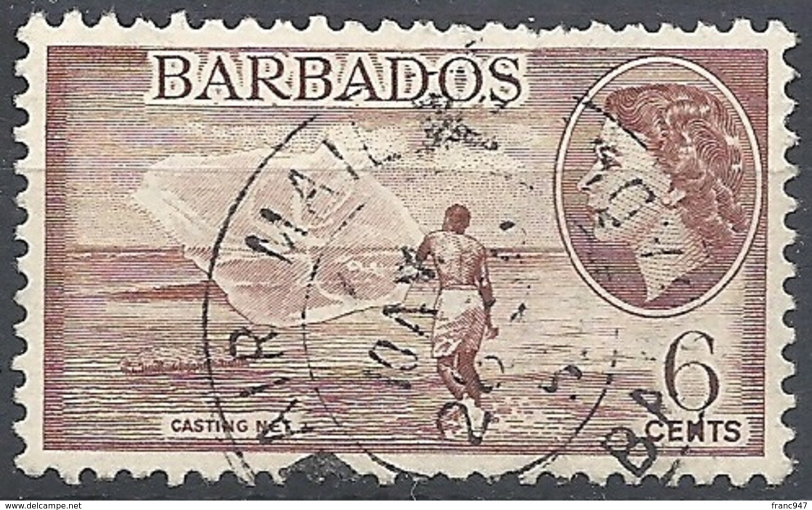 Barbados, 1954 Queen Elizabeth, 6c Brown, Wmk Mult Script CA # S.G. 294 - Michel 208 - Scott 240  USED - Barbades (...-1966)