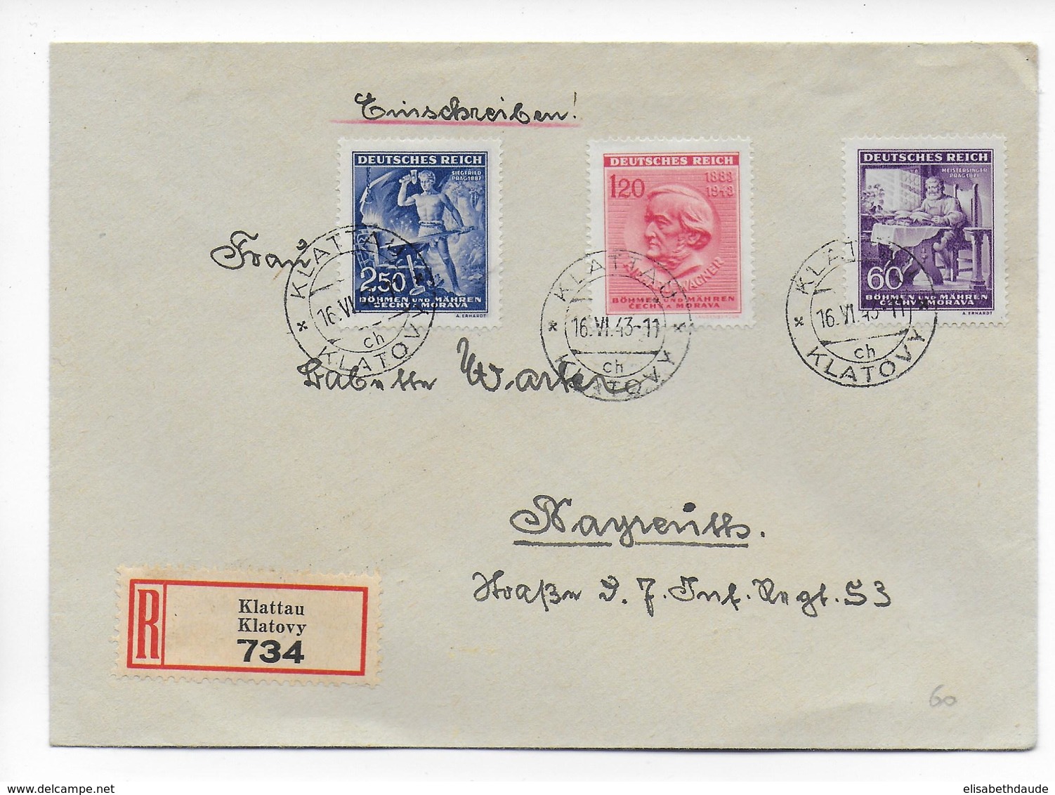 BÖHMEN Und MÄHREN - 1943 - ENVELOPPE RECOMMANDEE De KLATOVY => BAYREUTH - WAGNER - MUSIQUE - Storia Postale