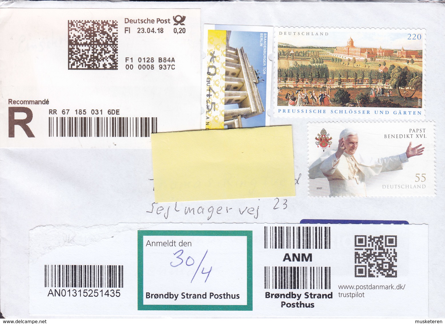 Germany Registered Recommandé Label 2018 Cover Brief BRØNDBY STRAND Denmark Frama Label Papst Benedikt XVI Uncancelled - R- Und V-Zettel