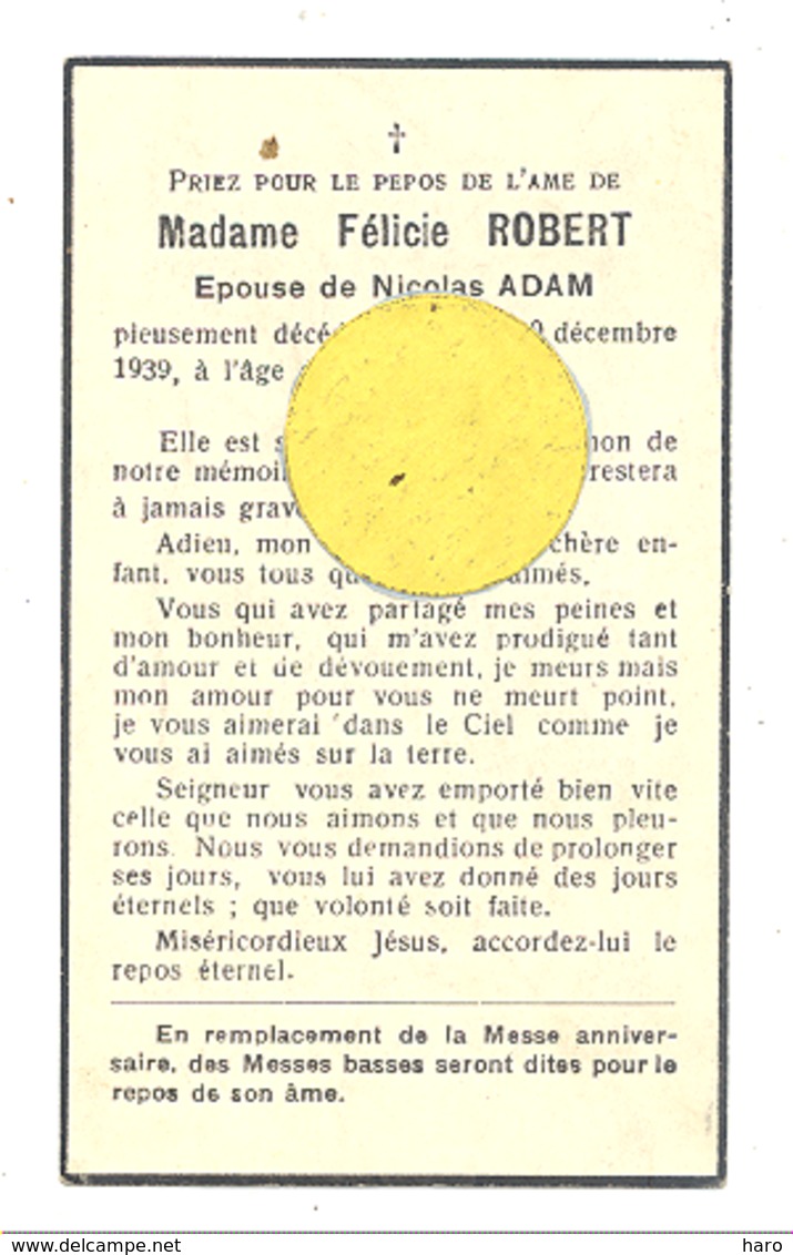 Faire-part De Décès De  Mde Félicie ROBERT ép. De N. Adam - ANS 1936  (b243) - Overlijden