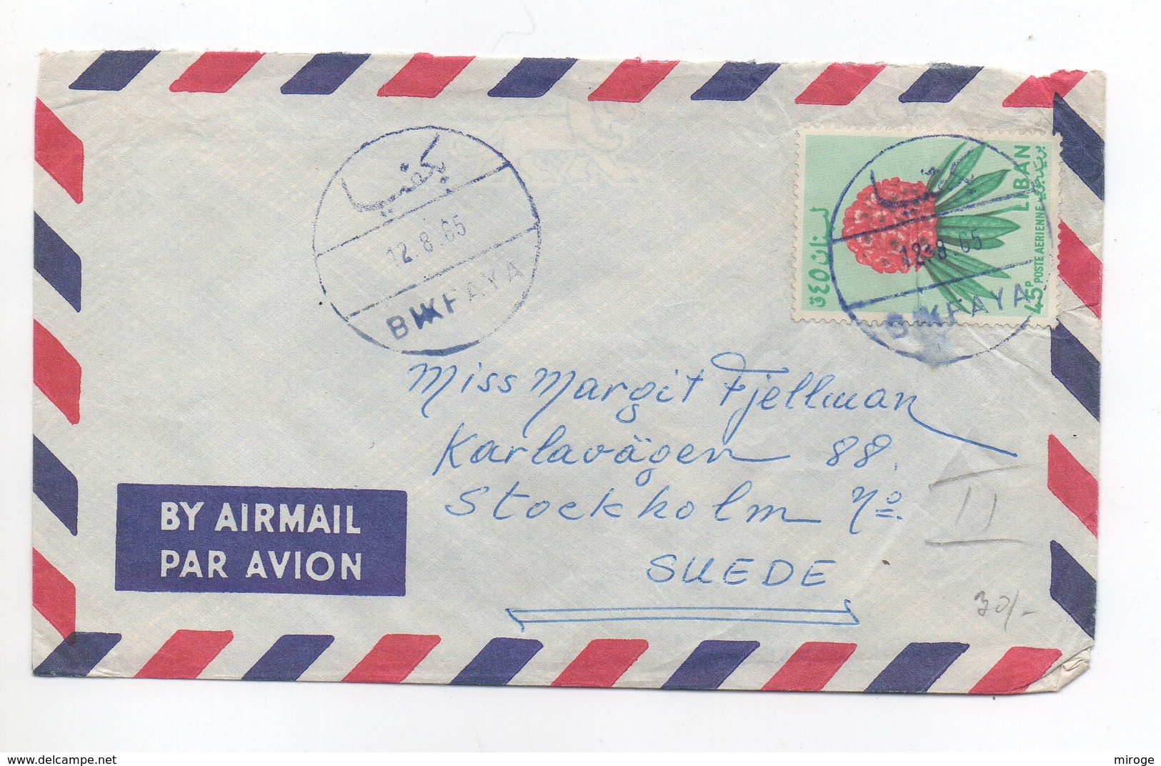 Cover 1965 Sent From Bikfaya To Sweden Stamps Flower Lebanon , Liban - Liban