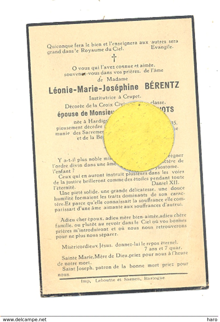 Faire-part De Décès  Mde Léonie BERENTZ, Institutrice à CRUPET ép.de A. Schots - HARDIGNY 1886/ BRUXELLES 1935  (b243) - Overlijden