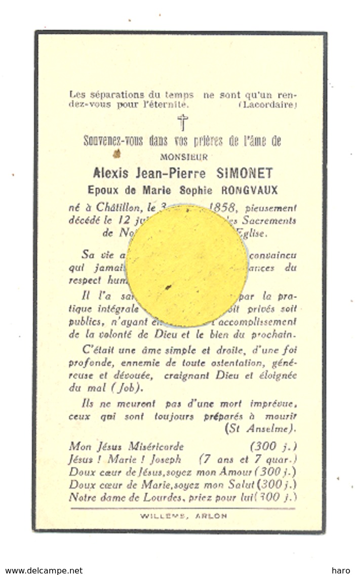 Faire-part De Décès Mr. Alexis SIMONET ép. De Marie Rongvaux - CHÂTILLON 1935 (b243) - Overlijden