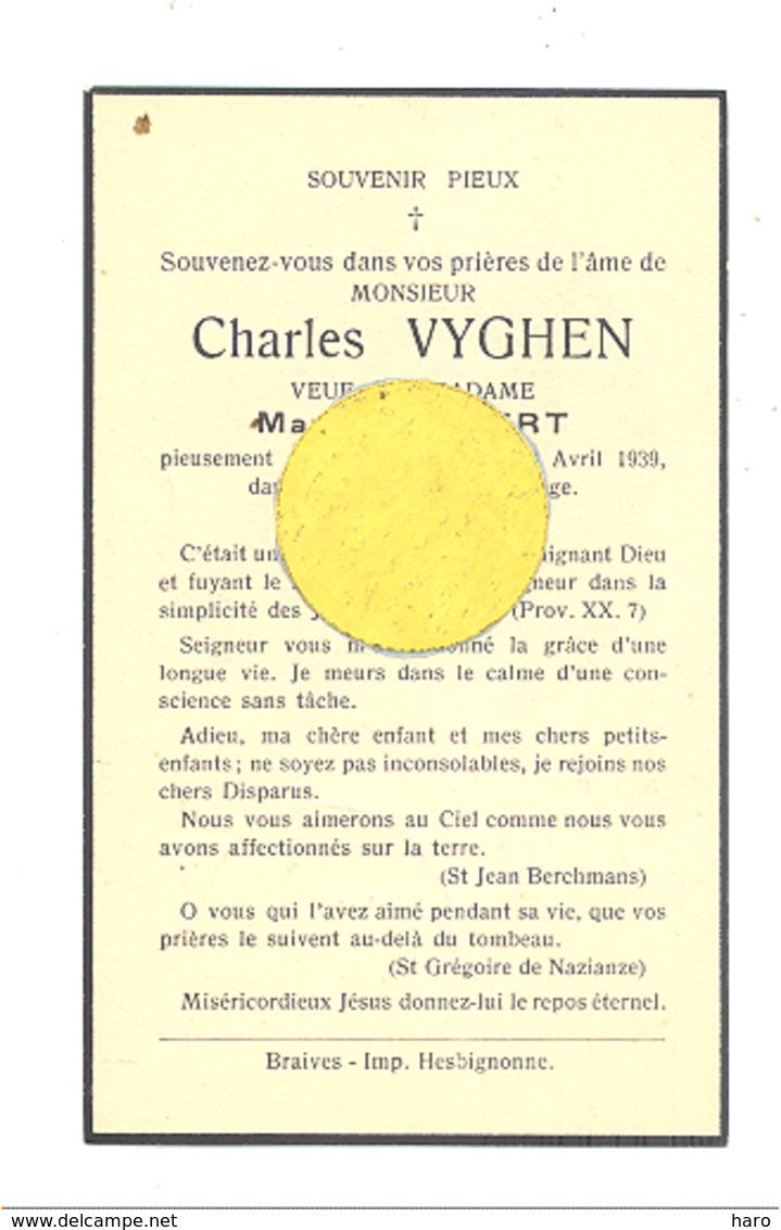 Faire-part De Décès Mr. Charles VYGHEN Veuf De M. Tyvaert - LANTINNE 1939 (b243) - Overlijden