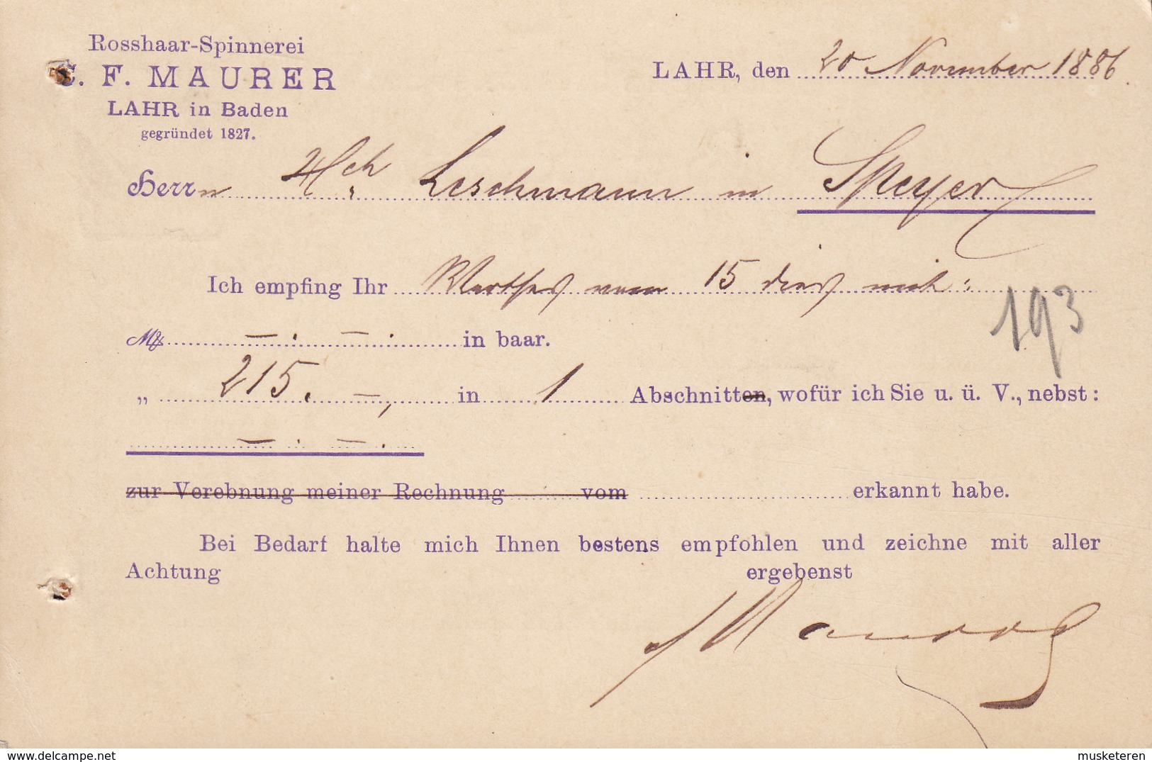 Deutsche Reichspost Postal Stationery Ganzsache PRIVATE Print C. F. MAURER Rosshaar-Spinnerei LAHR Baden 1886 SPEYER - Postcards