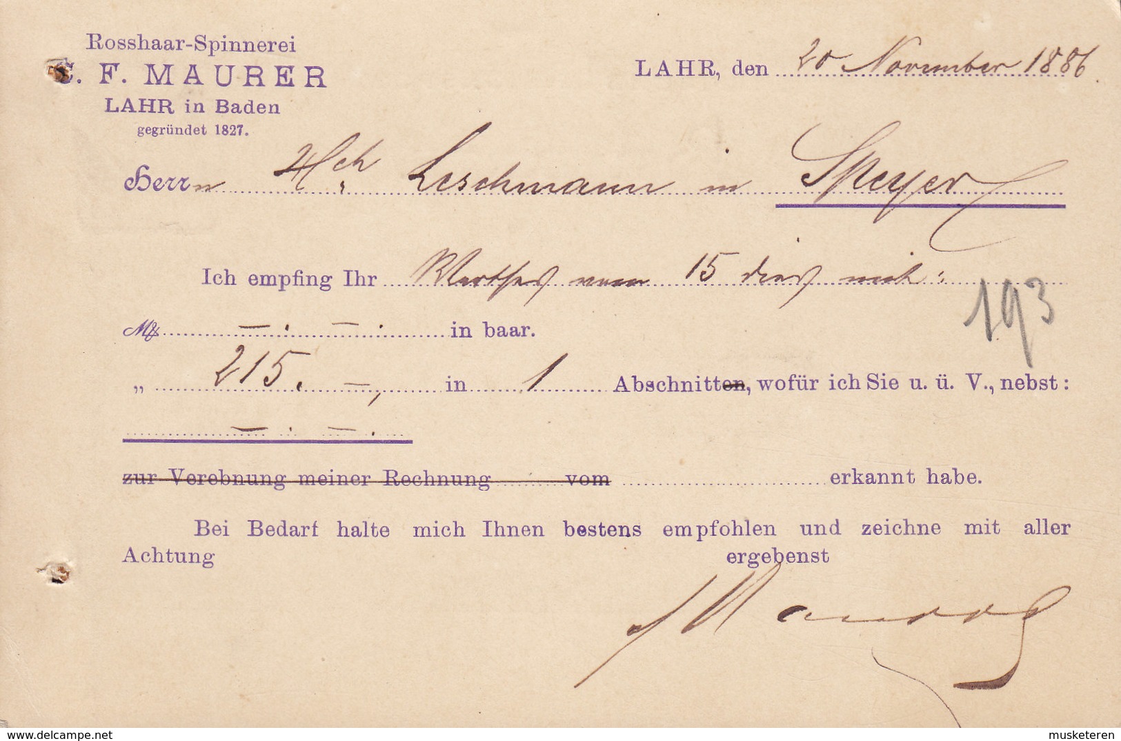 Deutsche Reichspost Postal Stationery Ganzsache PRIVATE Print C. F. MAURER Rosshaar-Spinnerei LAHR Baden 1886 SPEYER - Postkarten
