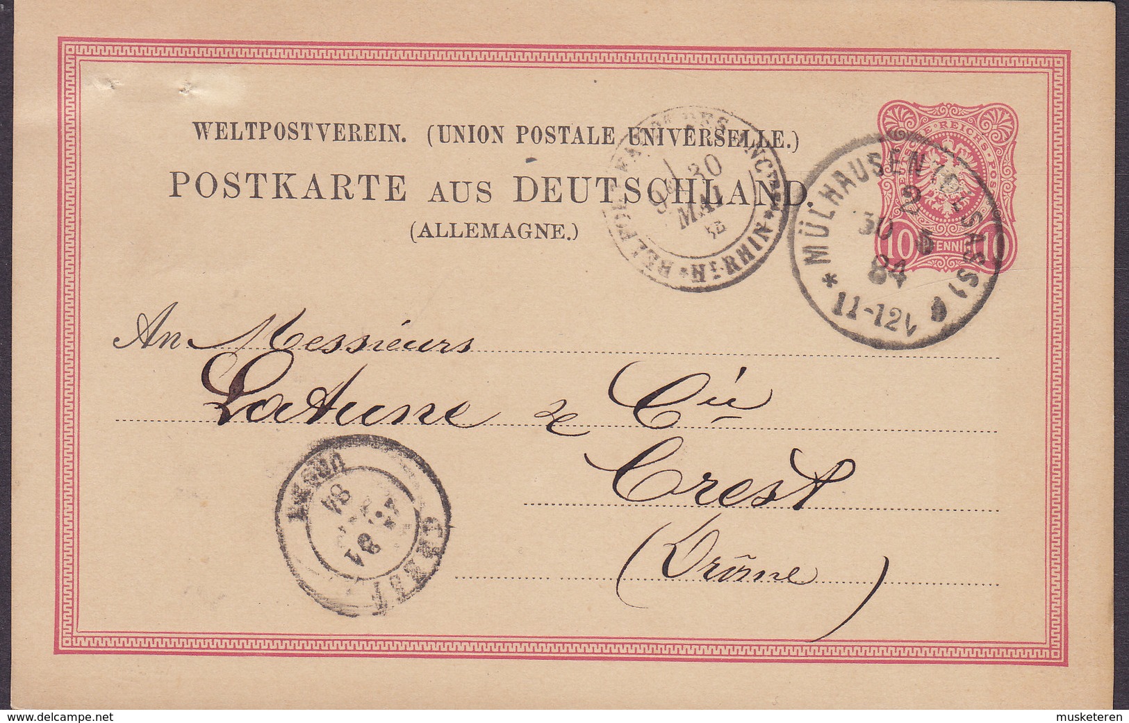 Reichspost Postal Stationery Ganzsache PRIVATE Print IMPRIMERIE VEUVE BADER & Cie MÜLHOUSE Elsass 1884 CREST - Postcards
