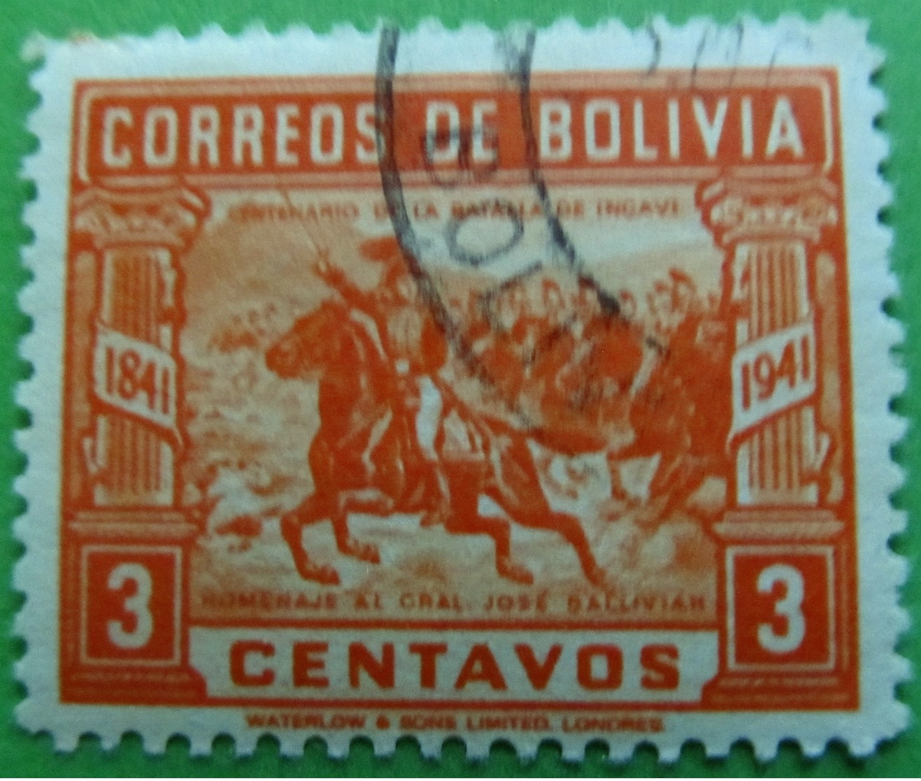 BOLIVIA  -  GEN. BILLIVIAN LEADING CAVALRY CHARGE , BATTLE OF INGAVI - SCOTT 282 A104 3C ORANGE - Bolivië