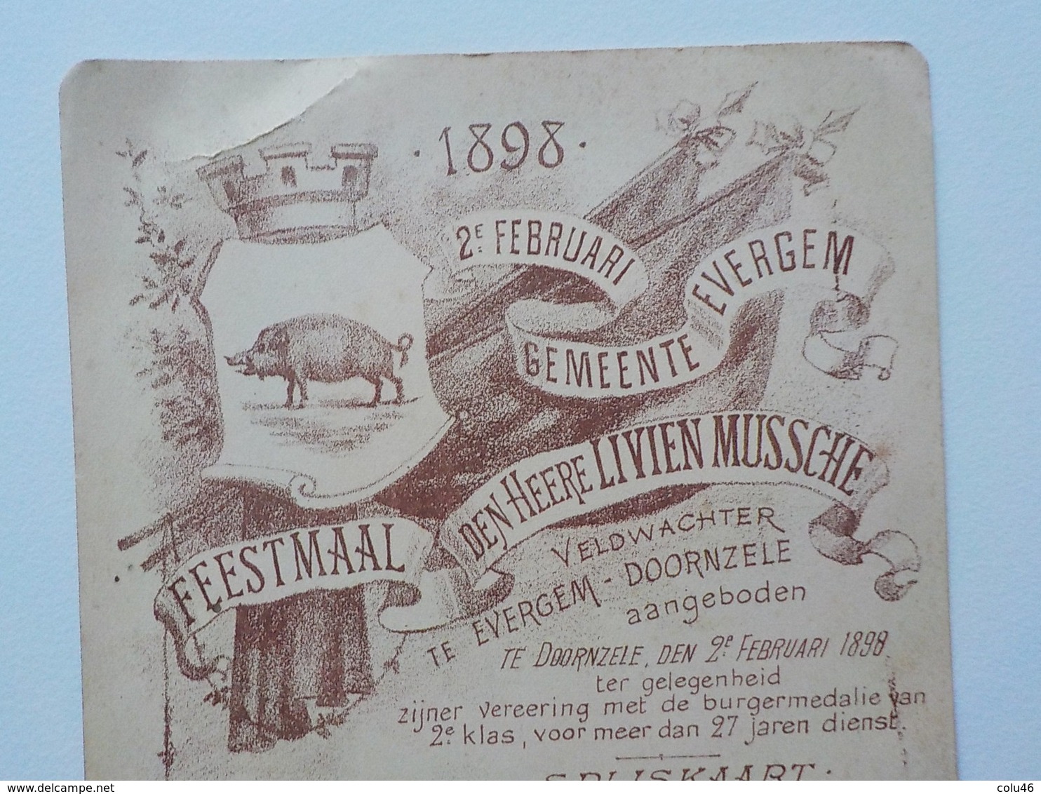 1898 Menu Illustré Evergem Doornzele Lion Leeuw Spijkaart Feestmaal - Evergem