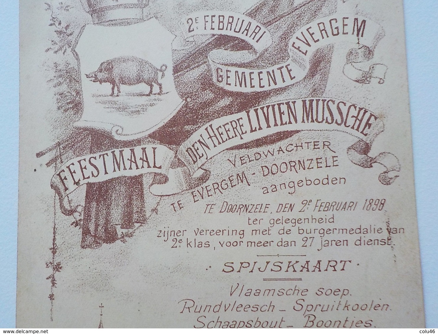 1898 Menu Illustré Evergem Doornzele Lion Leeuw Spijkaart Feestmaal - Evergem