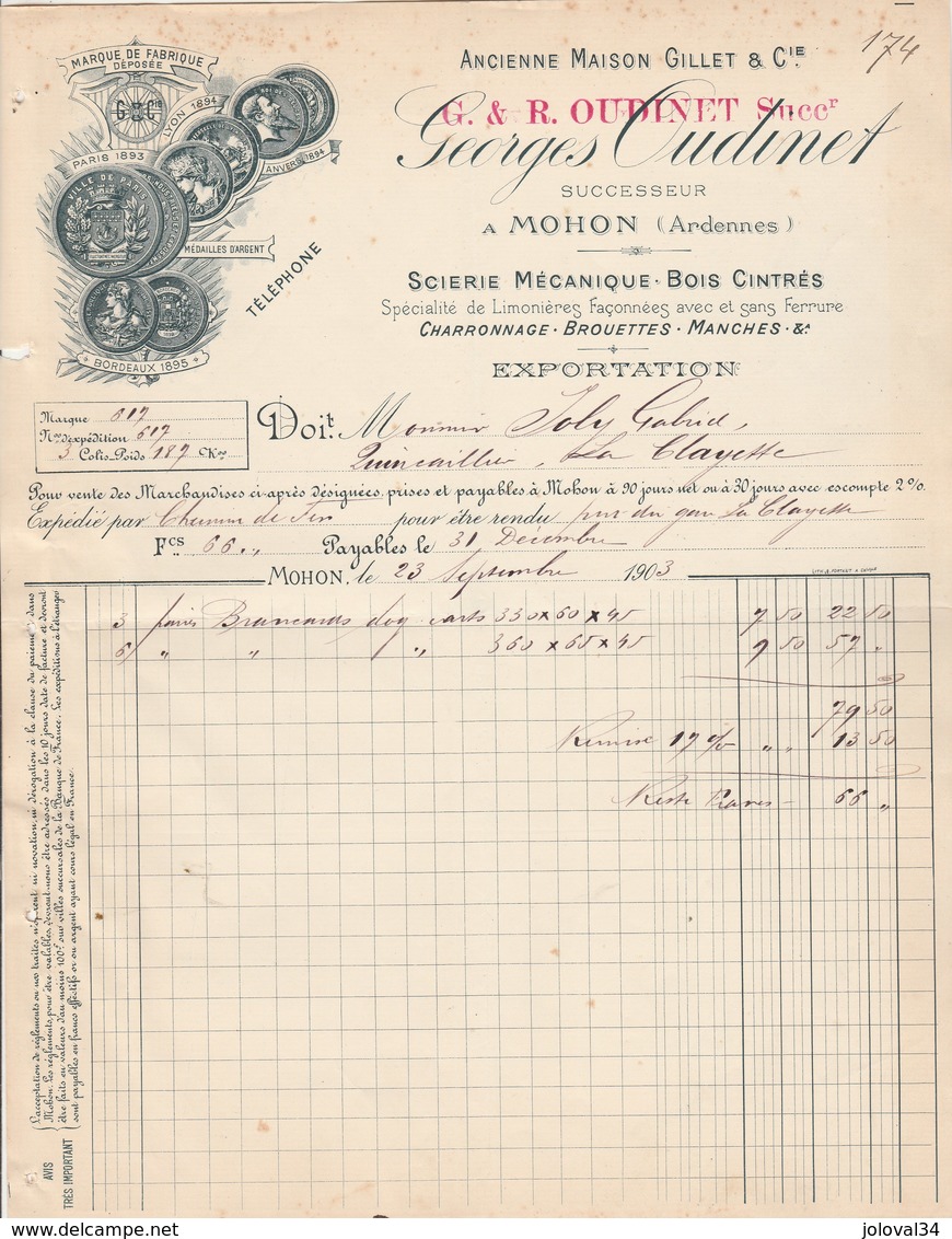 Facture Illustrée 23/9/1903 OUDINET Scirie Mécanique Brouettes MOHON Ardennes - 1900 – 1949