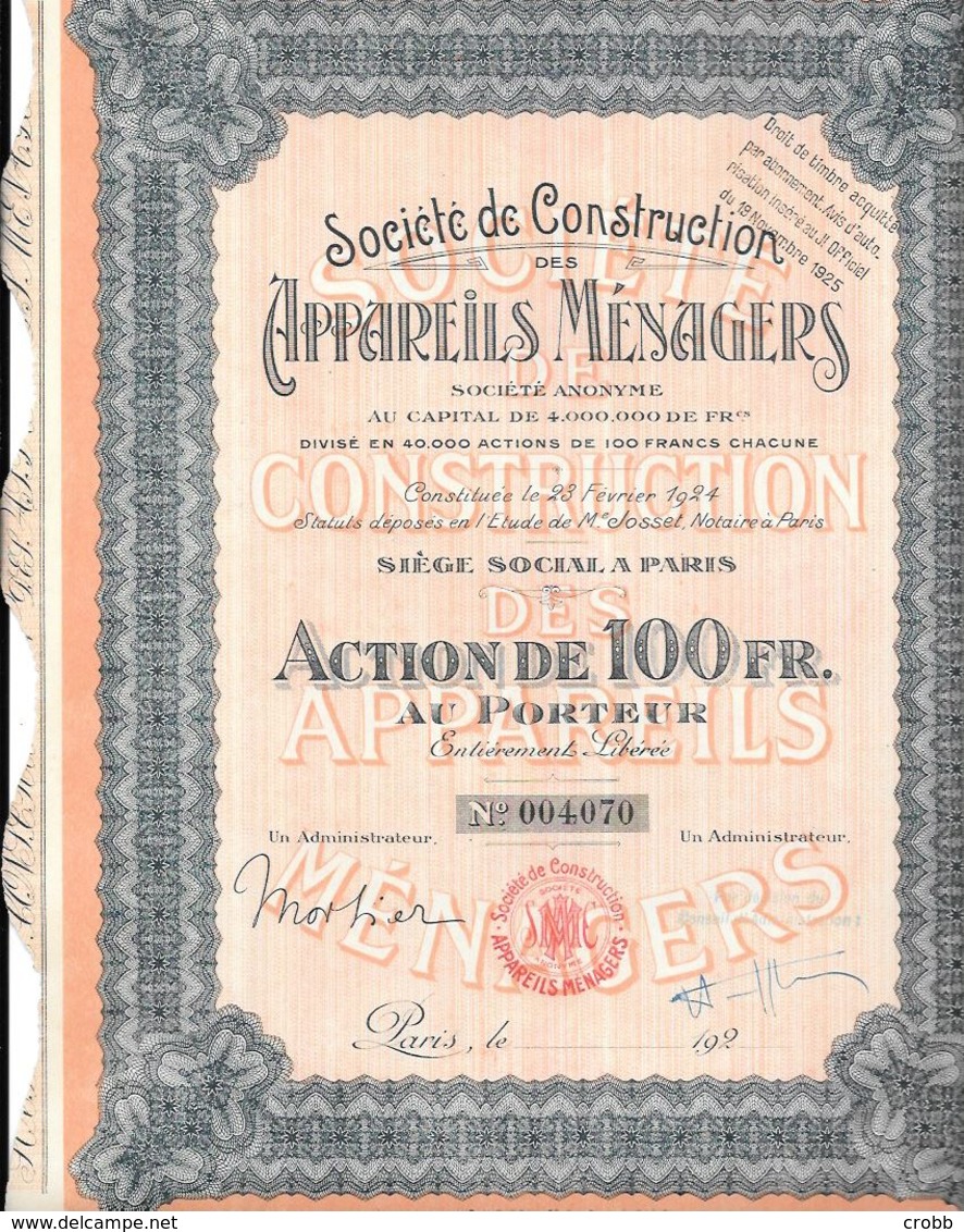 Action De 100 FR  Société De Construction Des APPAREILS MENAGERS,  PARIS - A - C