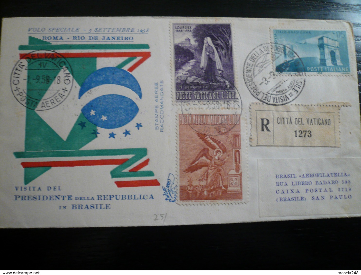 Raccomandata Mista Vaticano-Italia  Volo 3.9.58 Per Brasile - Airmail