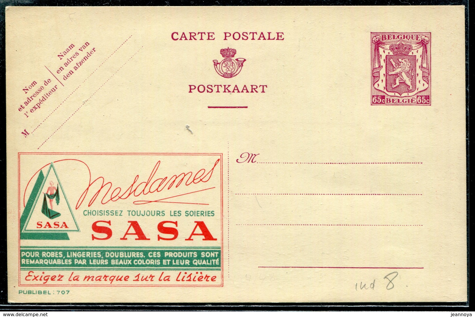 BELGIQUE - ENTIER POSTAL PUBLIBEL N° 707 SUR LES SOIERIES " SASA " - NEUF - SUP - Publibels