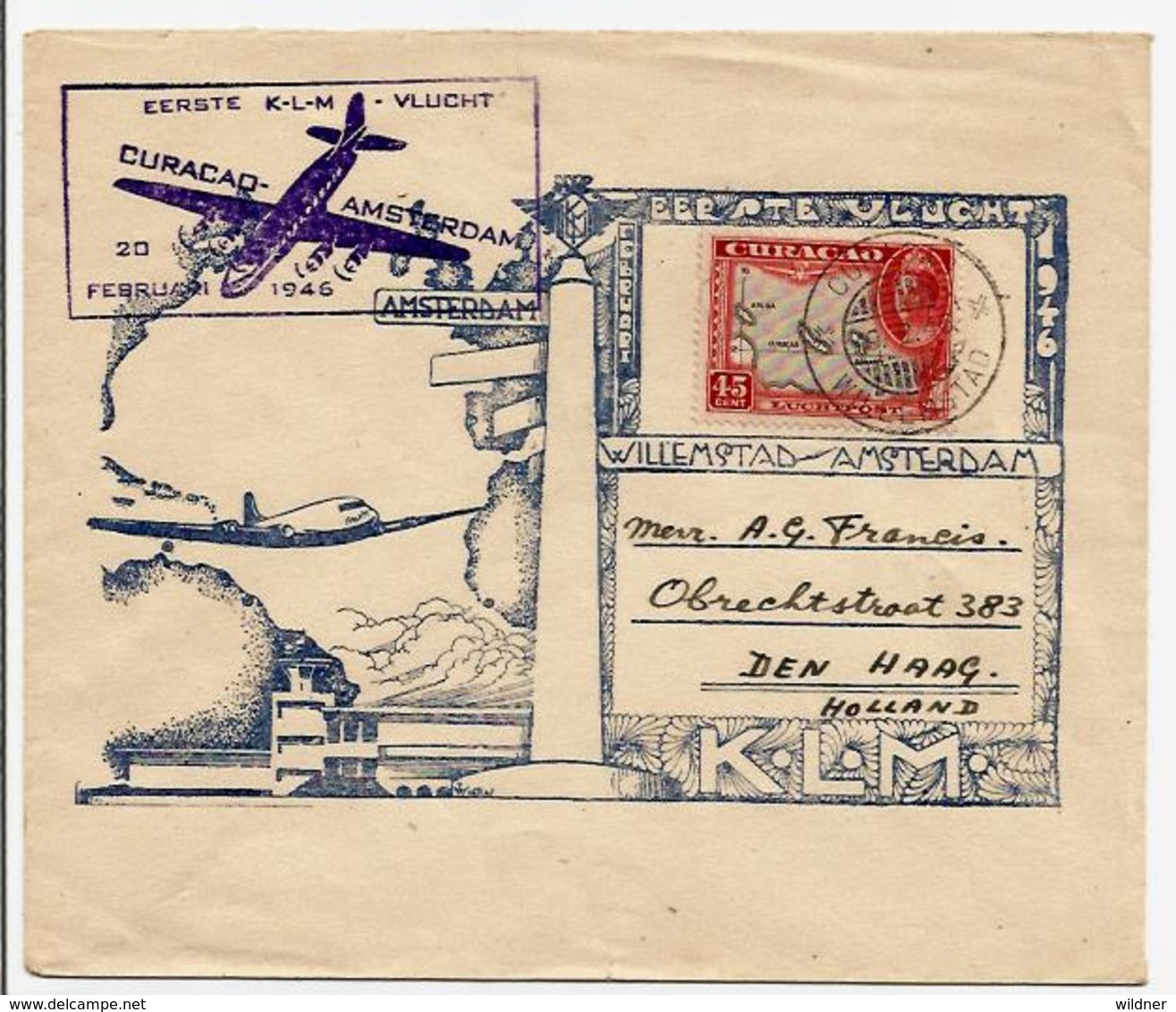 CURACAO - 1946 FIRST KLM FLY CURACAO TO AMSTERDAM / NICE CACHET - Amerika (Varia)