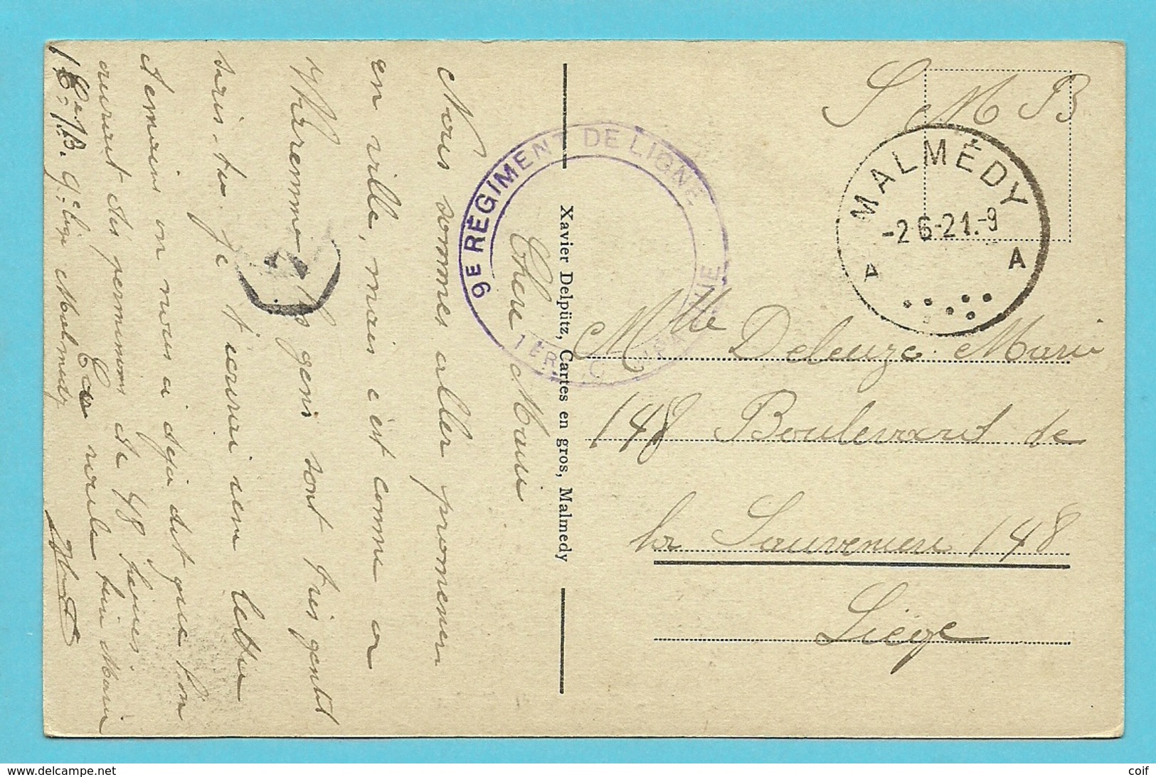 Kaart Met Stempel MALMEDY Op 2/6/21, Stempel "9e Regiment De Ligne,1ere Companie" - OC55/105 Eupen & Malmédy
