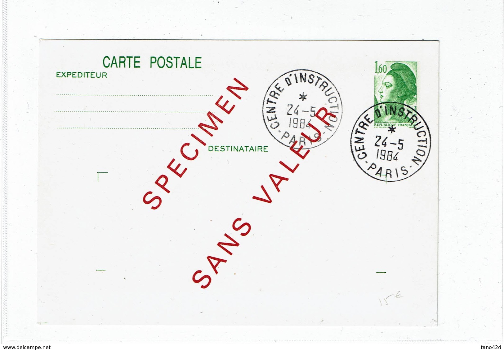 COMP2 - FRANCE EP CP LIBERTE 1f60 "SPECIMEN SANS VALEUR" CENTRE D'INSTRUCTION PARIS 24/5/1984 - Specimen