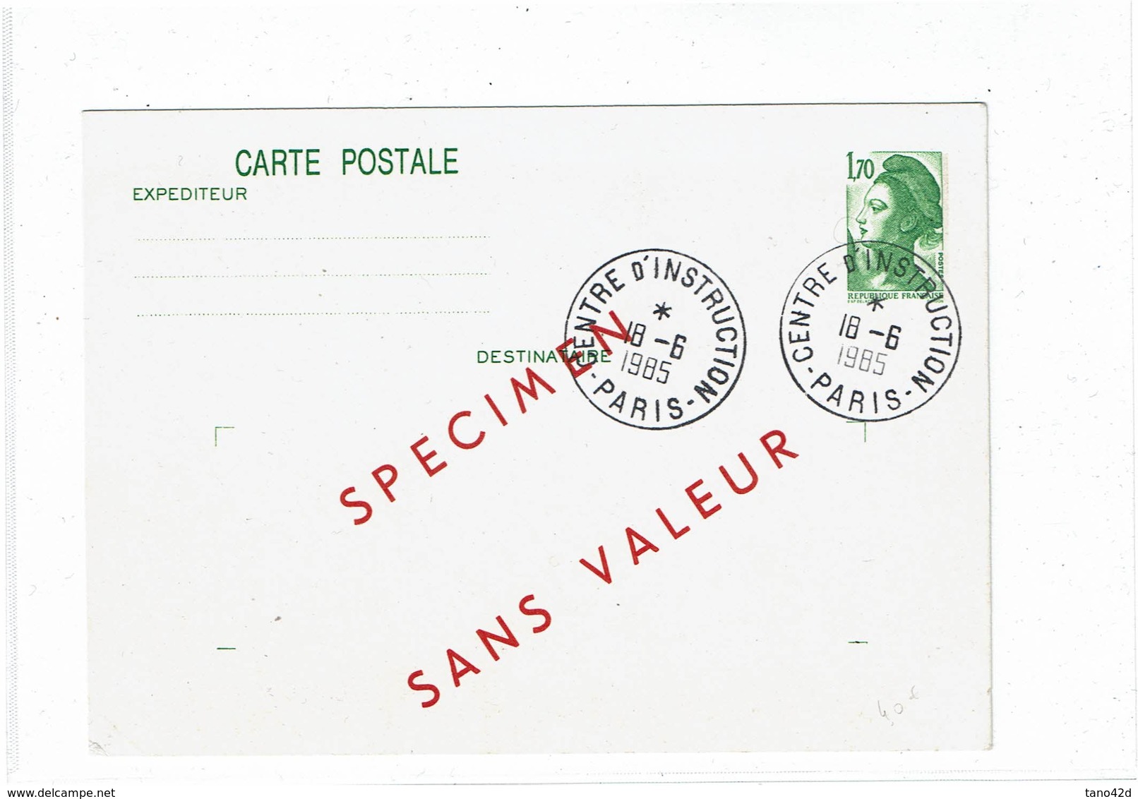 COMP2 - FRANCE EP CP LIBERTE 1f70 "SPECIMEN SANS VALEUR" CENTRE D'INSTRUCTION PARIS 18/6/1985 RARE - Specimen