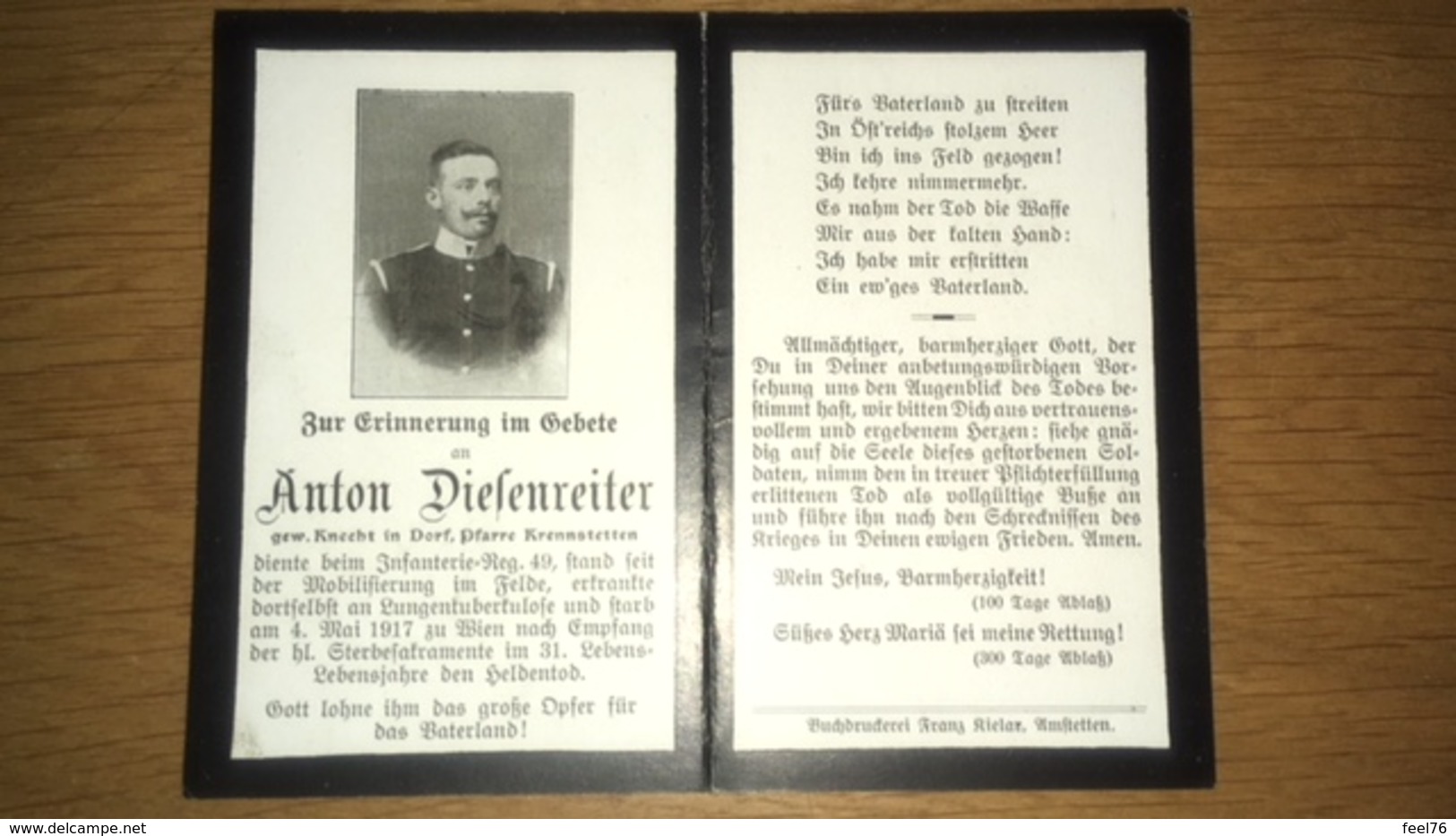 Sterbebild Wk1 Ww1 Bidprentje Avis Décès Deathcard KUK IR49 Lungentuberkulose WIEN Aus Dorf Krennstetten 4. Mai 1917 - 1914-18