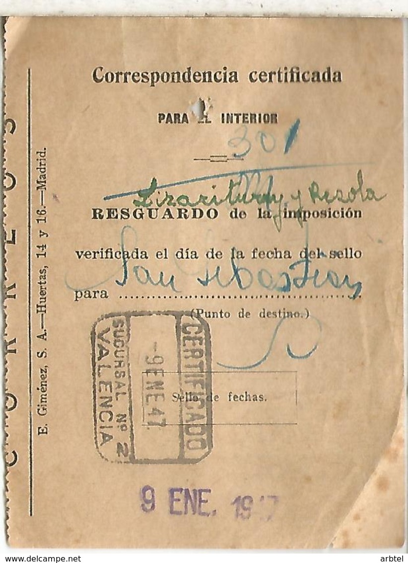 SPAIN VALENCIA  1947 REGISTERECMAIL RECEIPT WITH MUTUALIDAD DE CORREOS STAMP SHIP SAILING VELERO - Barcos