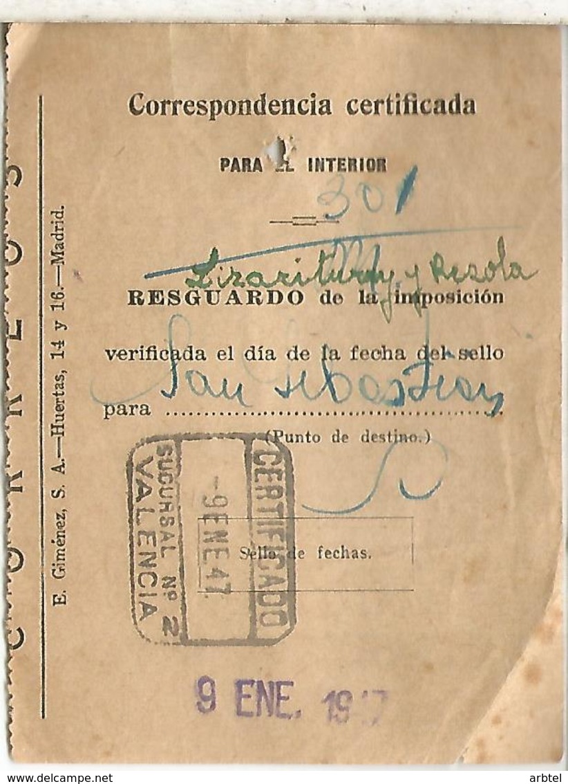 SPAIN VALENCIA  1947 REGISTERECMAIL RECEIPT WITH MUTUALIDAD DE CORREOS STAMP SHIP SAILING VELERO - Schiffe