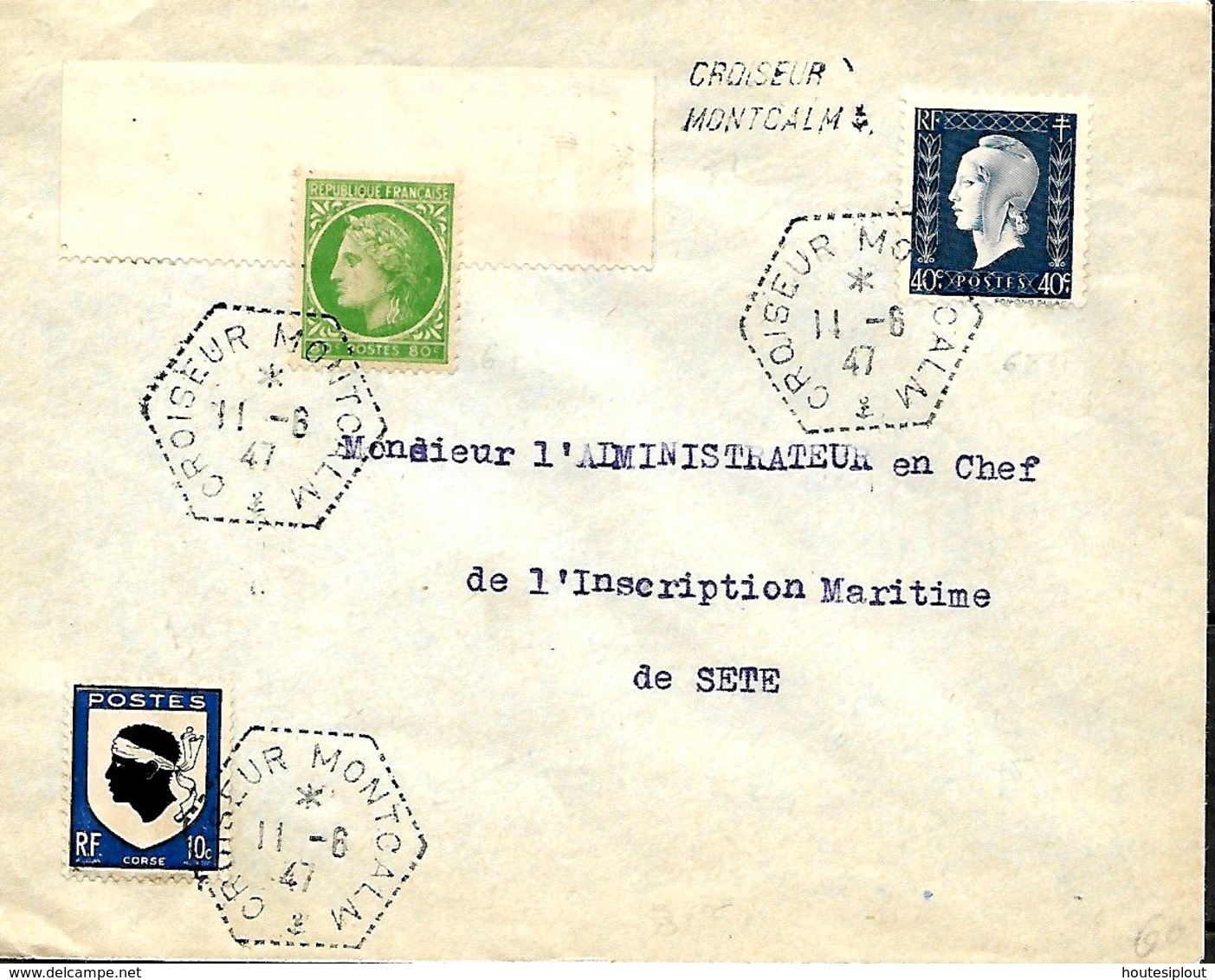 France. L. Croiseur Montcalm (type 1) + Griffe Idem > Sète  1947 - Poste Navale