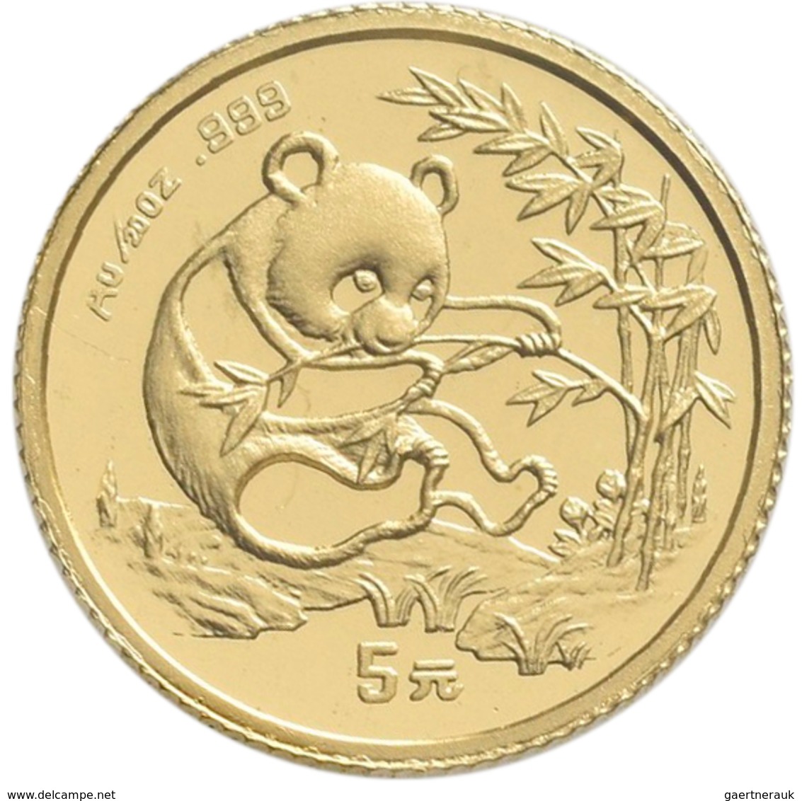 China - Volksrepublik - Anlagegold: 5 Yuan 1994, Goldpanda, KM# 611, Friedberg B8. 1,56 G (1/20 OZ), - China