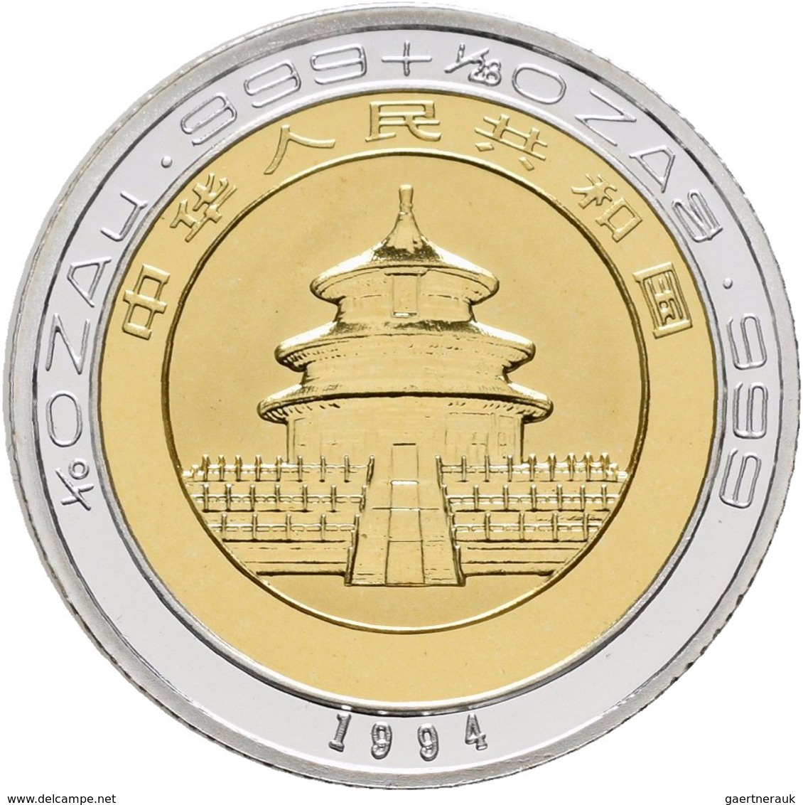 China - Volksrepublik - Anlagegold: 10 Yuan 1994 Panda Aus Bimetall. 1/10 OZ 999/1000 Gold Pille Und - Chine