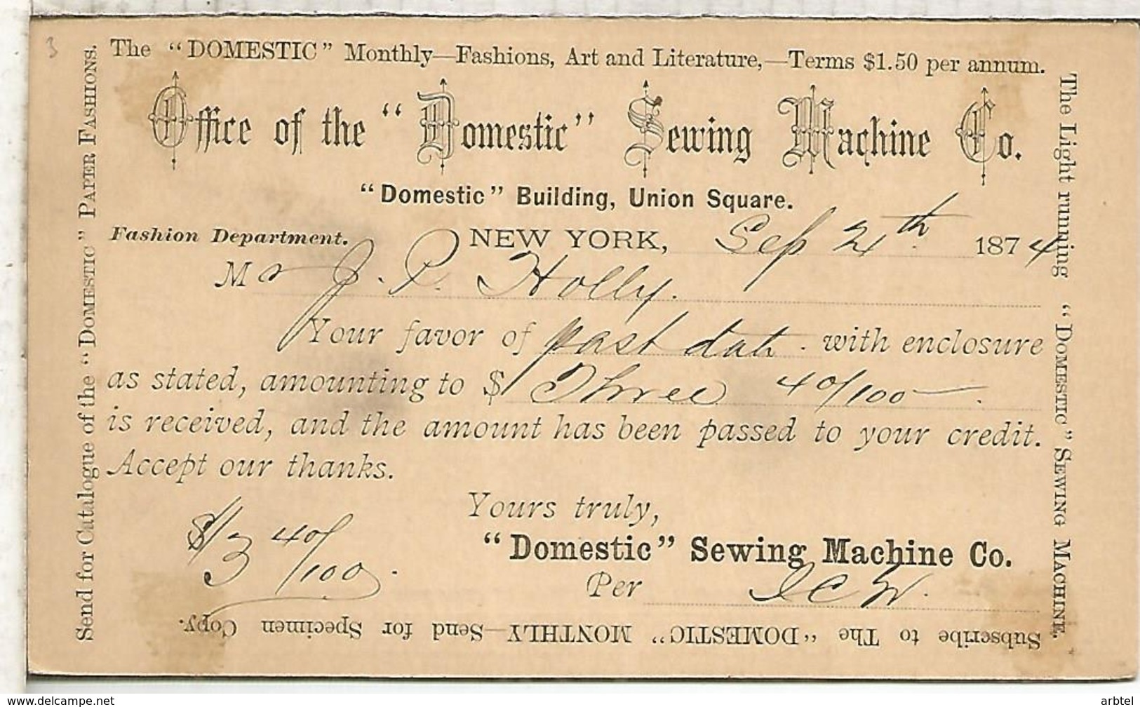 ESTADOS UNIDOS USA ENTERO POSTAL 1874 MAQUINAS DE COSER SOMESTIC SEWING MACHINE - Textiles