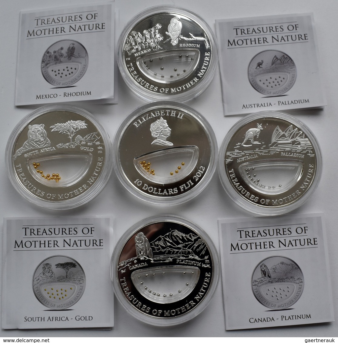 Fidschi Inseln: Lot 5 Münzen: 5 X 10 Dollars 2012, Serie Treasures Of Mother Nature: Gold (2x), Plat - Fidschi