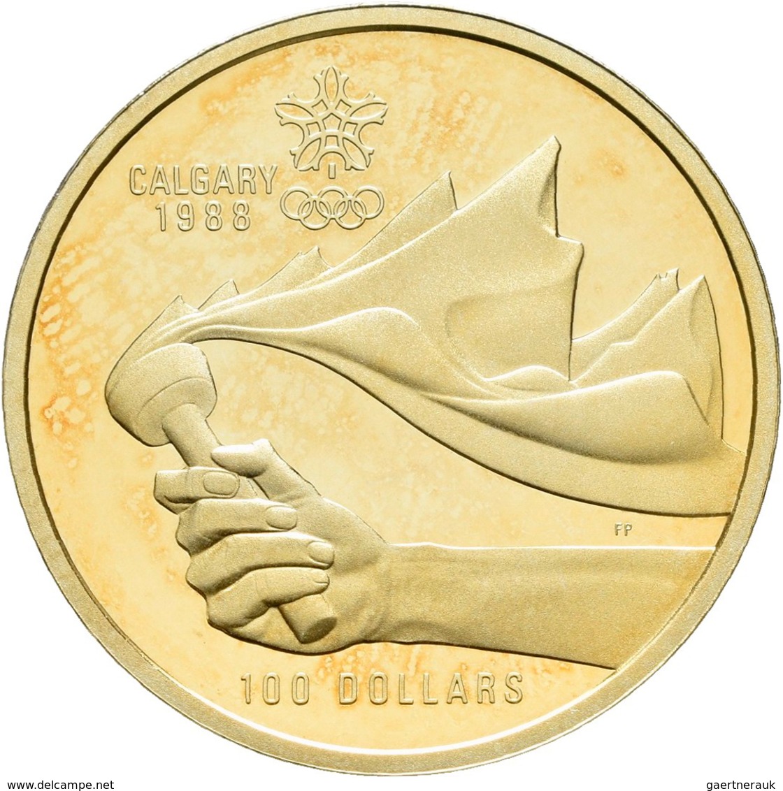 Kanada - Anlagegold: Elizabeth II. 1952-; 100 Dollars 1987, Olympische Spiele Calgary 1988, Torch/Fa - Canada
