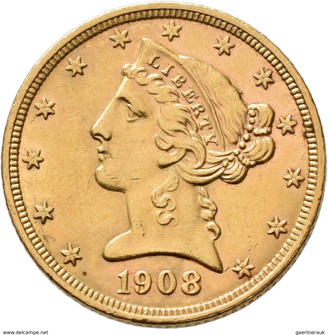 Vereinigte Staaten Von Amerika - Anlagegold: 5 Dollars 1908 (Half Eagle - Liberty Head Coronet), KM# - Autres & Non Classés